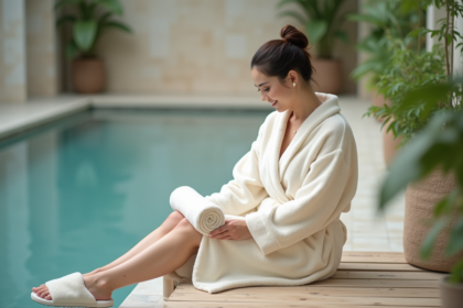 Femme en robe de spa ivoire et pantoufles confortables
