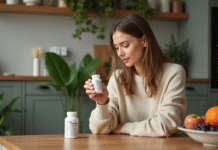 Quel complément alimentaire choisir pour la peau ? guide exhaustif. Femme lisant un supplément naturel dans la cuisine chaleureuse