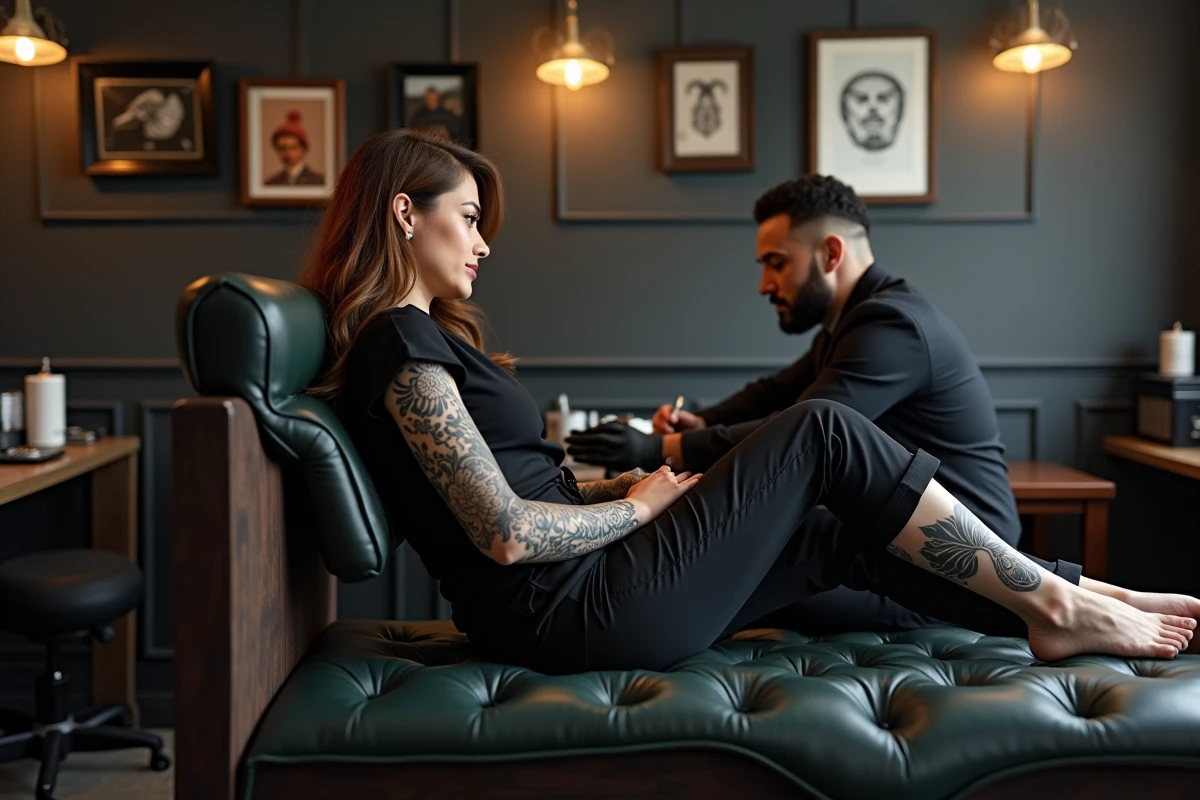 Femme en blouse noire se faisant tatouer par un artiste expérimenté