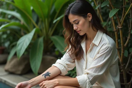 Jeune femme examinant un tatouage tortue dans un jardin tropical