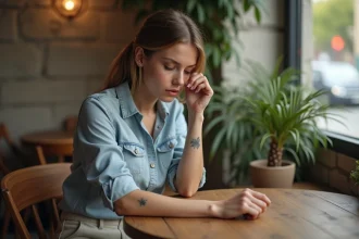 Jeune femme regardant ses tatouages floraux au café