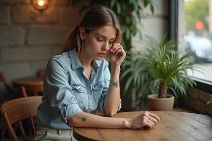 Jeune femme regardant ses tatouages floraux au café