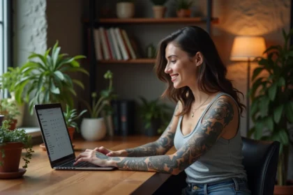 Femme tatouee souriante travaillant sur son ordinateur dans un bureau cosy