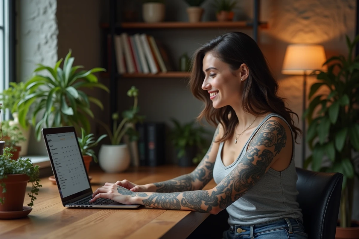 Femme tatouee souriante travaillant sur son ordinateur dans un bureau cosy