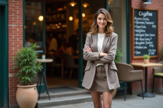 Femme élégante en jupe en laine devant un café urbain