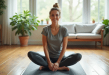 Réduire la graisse du ventre avec le yoga : est-ce efficace ? Femme en yoga en torsion douce dans un intérieur lumineux