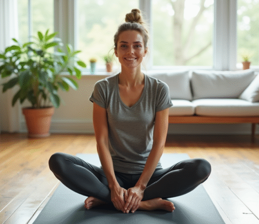Réduire la graisse du ventre avec le yoga : est-ce efficace ? Femme en yoga en torsion douce dans un intérieur lumineux
