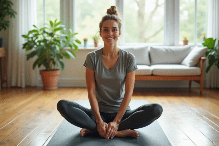 femme-yoga-torsion-douce Femme en yoga en torsion douce dans un intérieur lumineux