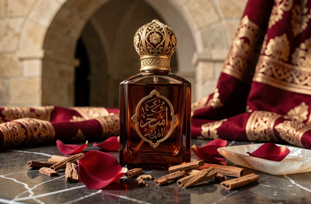 Flacon de parfum oriental de niche Gissah en verre ambré avec capuchon en filigrane doré sur marbre noir, entouré de pétales de rose et de bois d'oud