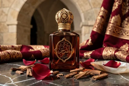 Flacon de parfum oriental de niche Gissah en verre ambré avec capuchon en filigrane doré sur marbre noir, entouré de pétales de rose et de bois d'oud