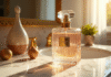 Flacon de parfum en cristal avec accents dorés sur une coiffeuse en marbre
