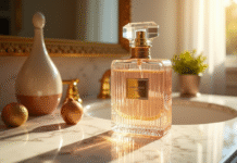Flacon de parfum en cristal avec accents dorés sur une coiffeuse en marbre