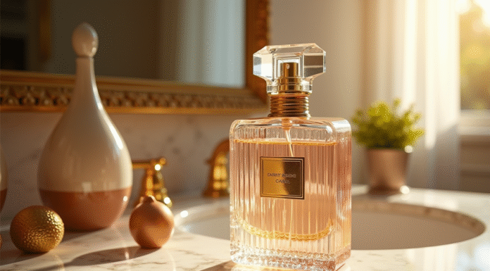 Parfum des riches : quelles fragrances attirent les plus fortunés ? Flacon de parfum en cristal avec accents dorés sur une coiffeuse en marbre