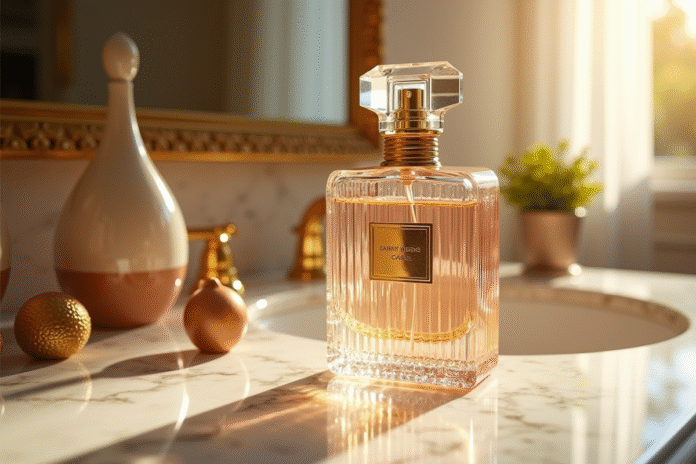 Flacon de parfum en cristal avec accents dorés sur une coiffeuse en marbre