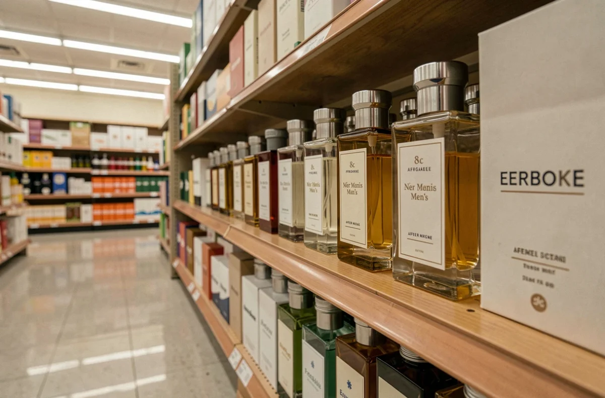 Rangée de flacons de parfum homme low-cost sur une étagère de supermarché discount