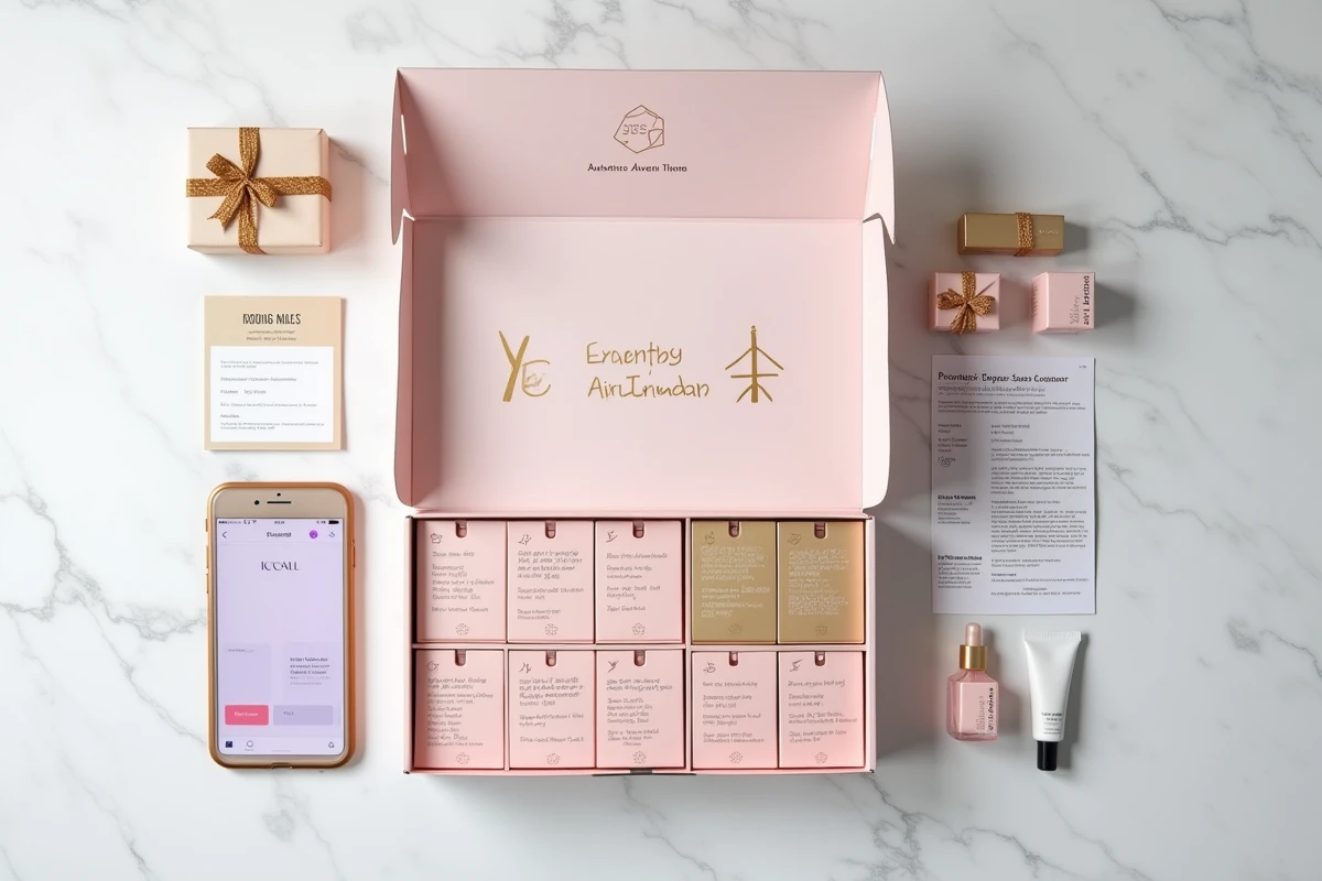 Flat lay d'un calendrier de l'avent YesStyle ouvert avec des produits de beauté coréens et une liste des erreurs à éviter lors de la commande
