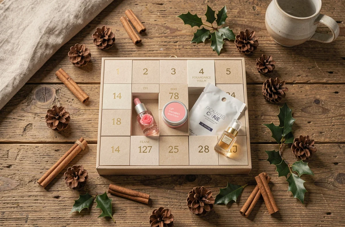 Flat lay de produits de beauté miniatures sortis d'un calendrier de l'avent femme sur une table en bois rustique