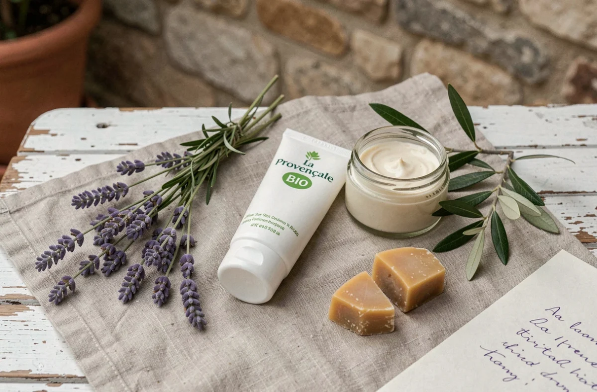 Flat lay des produits La Provençale Bio avec lavande, feuilles d'olivier et beurre de karité sur table en bois patiné