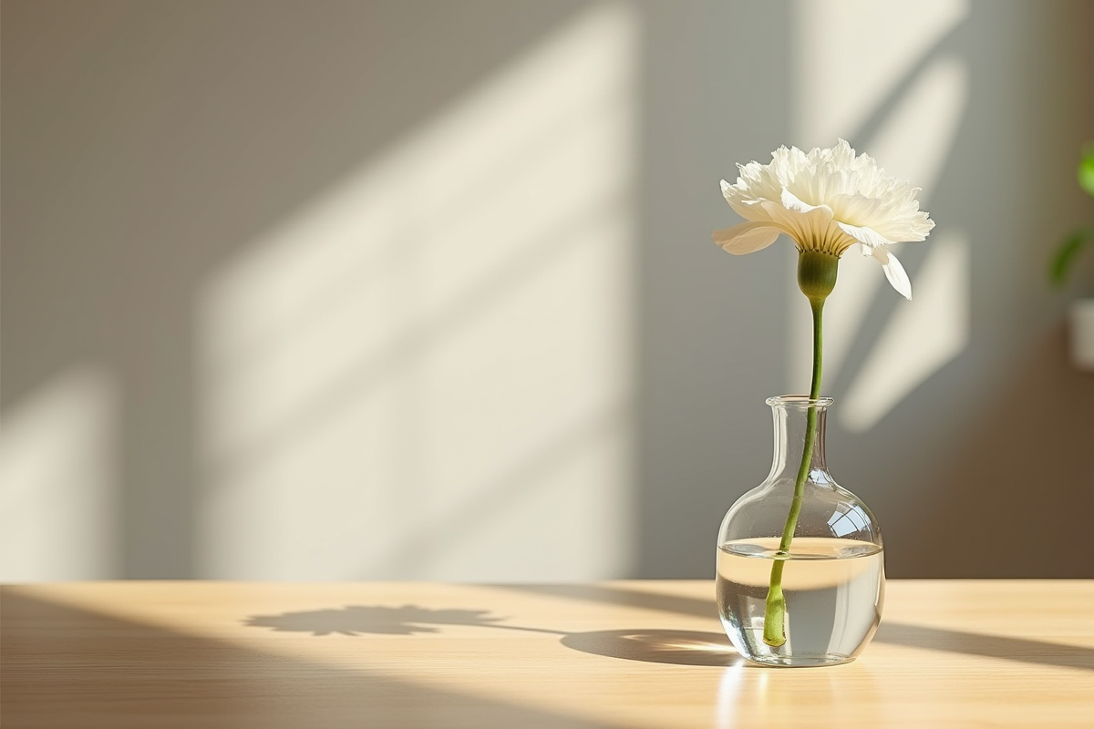 Fleur délicate dans un vase sur une table en bois lumineuse