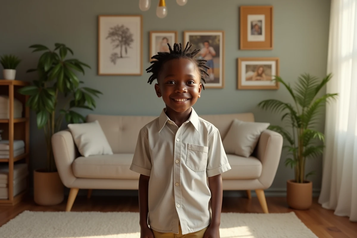 Jeune garçon noir en chemise dans un salon lumineux