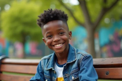 Jeune garçon noir souriant avec mini afro dans un parc urbain