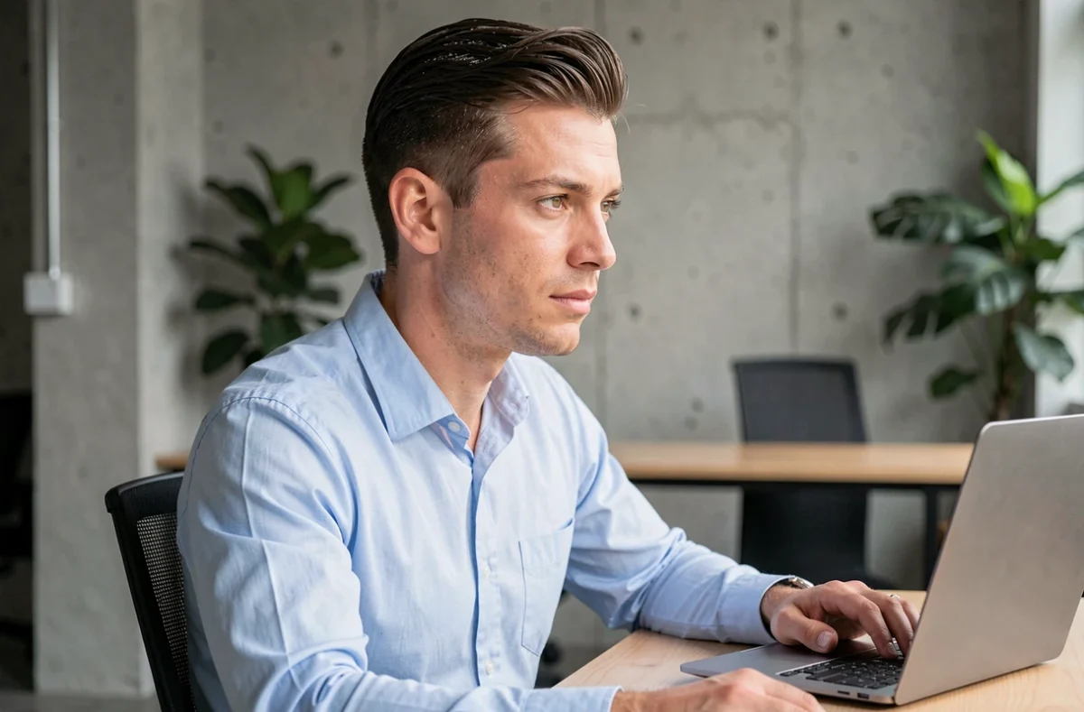Homme avec gel en poudre cheveux droits coiffure longue tenue au bureau