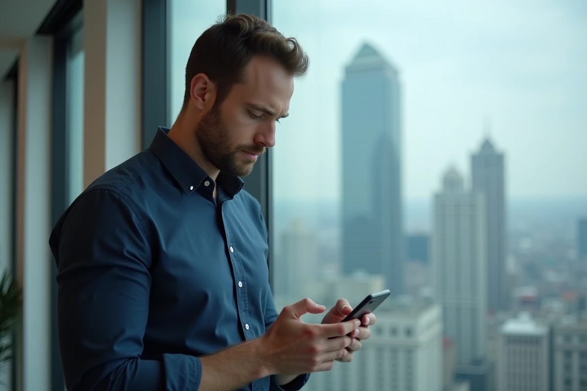 Homme consultant son smartphone avec une expression préoccupée, symbolisant la gestion de la vie privée et la protection des données personnelles en ligne