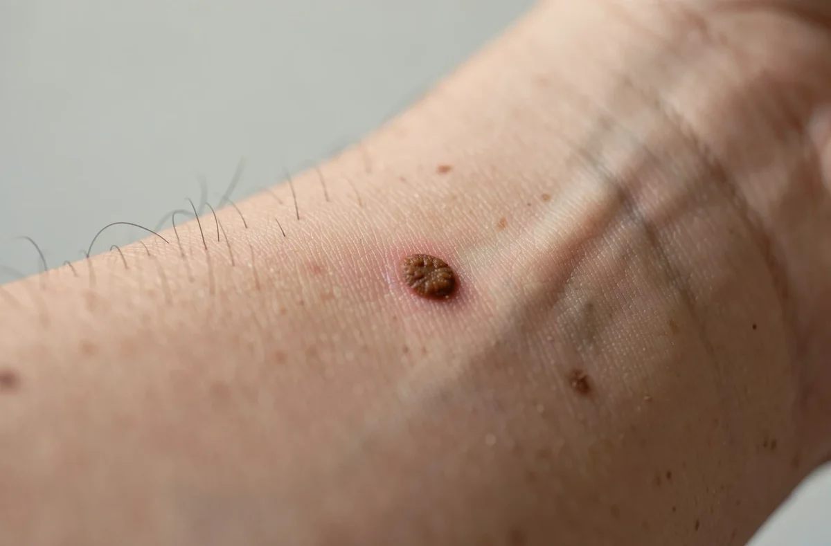 Grain de beauté brun régulier sur la peau d'un avant-bras