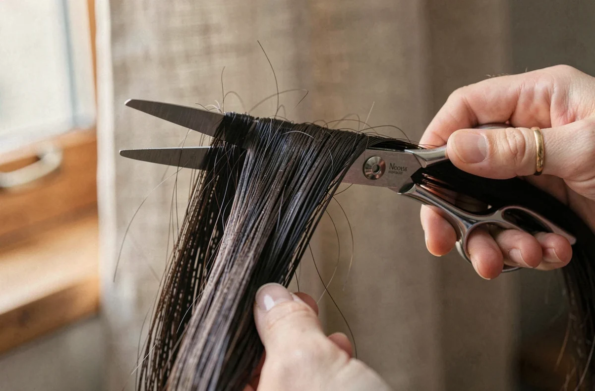 Gros plan de ciseaux de coiffure coupant les pointes de cheveux bruns longs, détail précis sans effet escalier