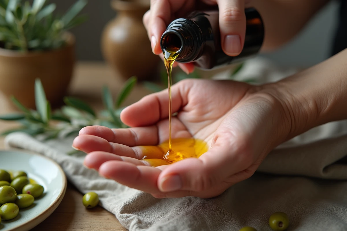 Gros plan de mains versant de l'huile d'olive extra-vierge pour hydrater la peau et réduire les rides