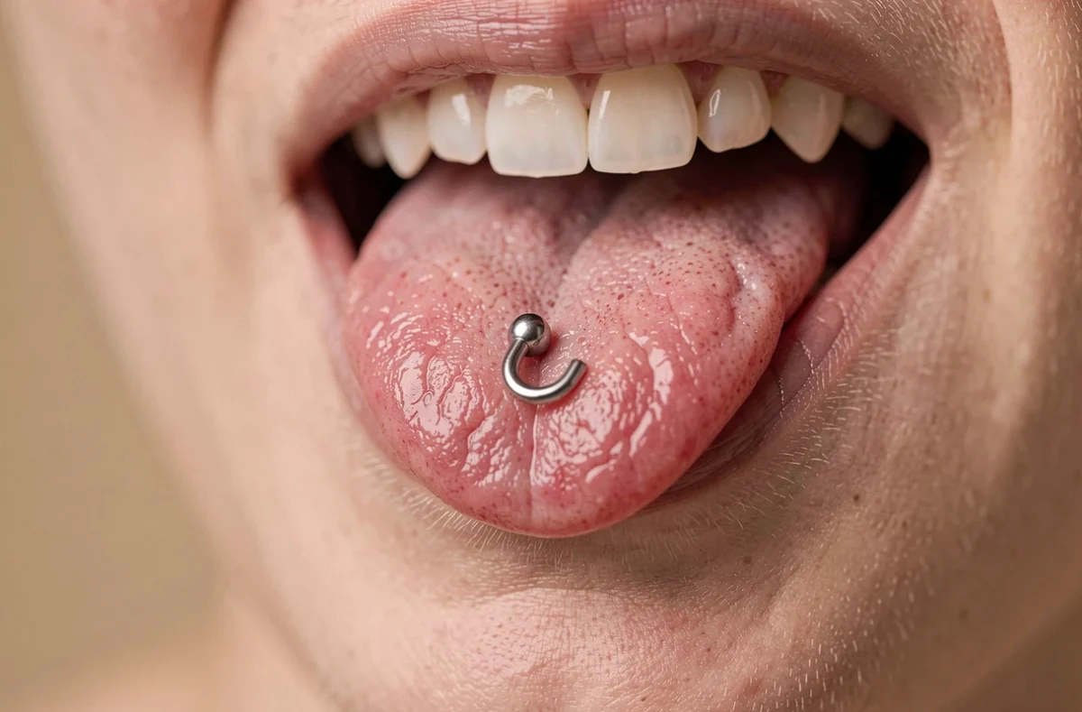 Gros plan macro d'un piercing langue en titane barbell courbé pour illustrer les options moins risquées pour les dents