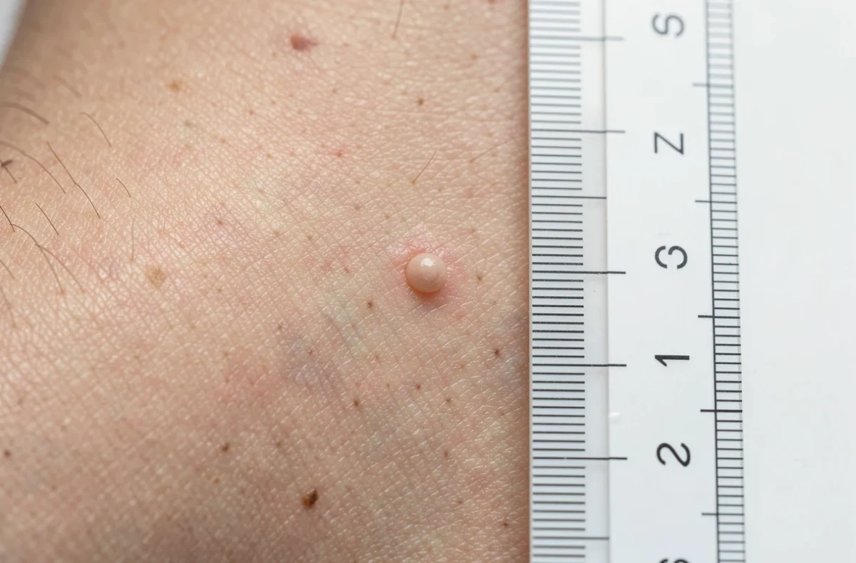 Gros plan sur la peau avec une règle graduée posée près d'un grain de beauté