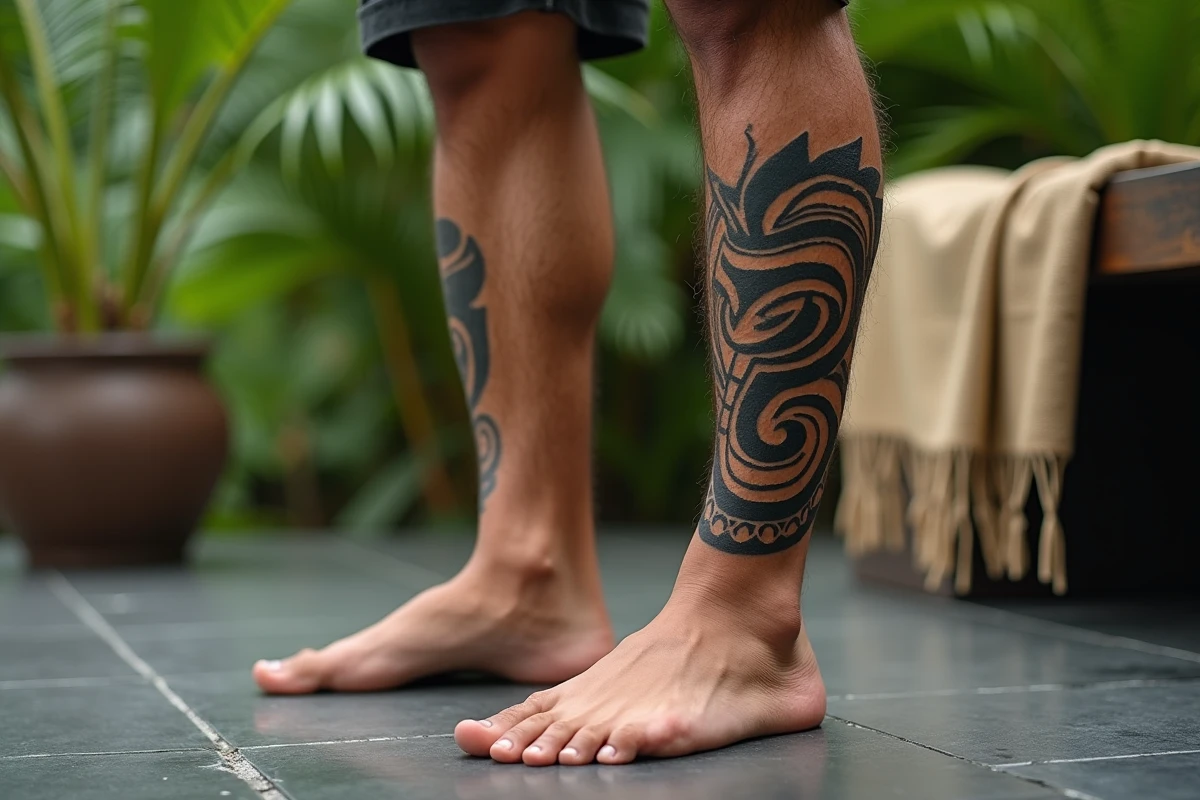 Gros plan d'un tatouage polynésien tribal sur le mollet d'un homme, motifs spirales et tiki dans un style māori et tahitien, sur fond de végétation tropicale en Polynésie française