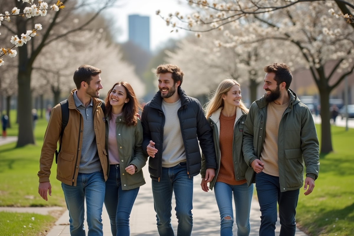Groupe divers de personnes marchant dans un parc au printemps