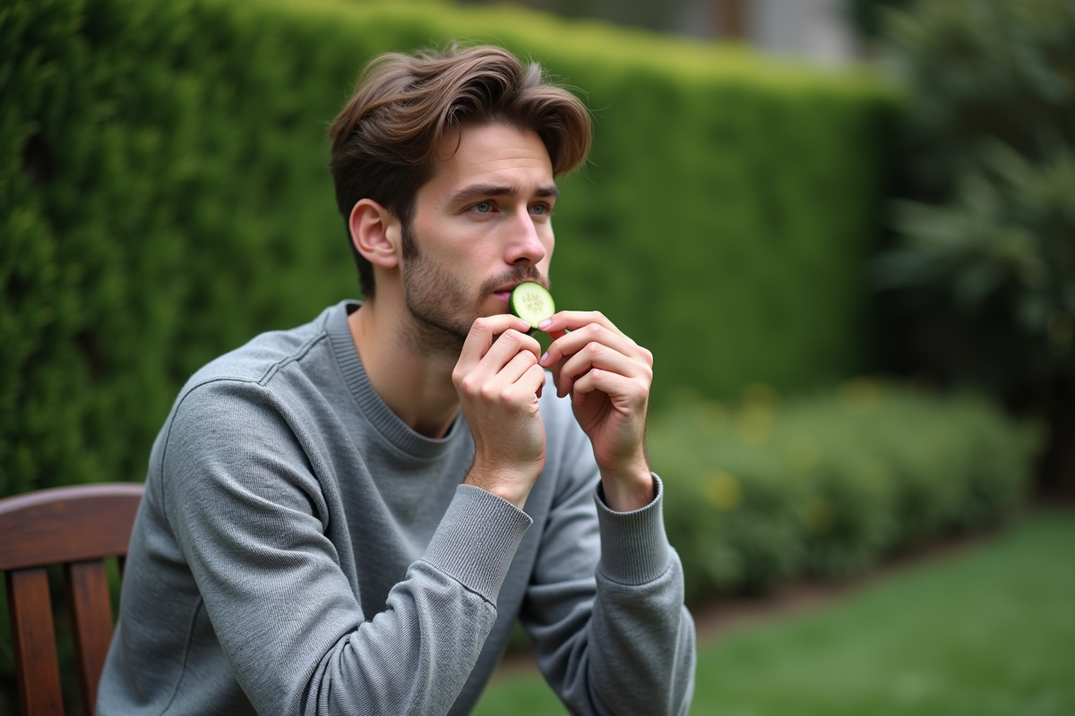 Homme appliquant une tranche de concombre sur la joue dans un jardin