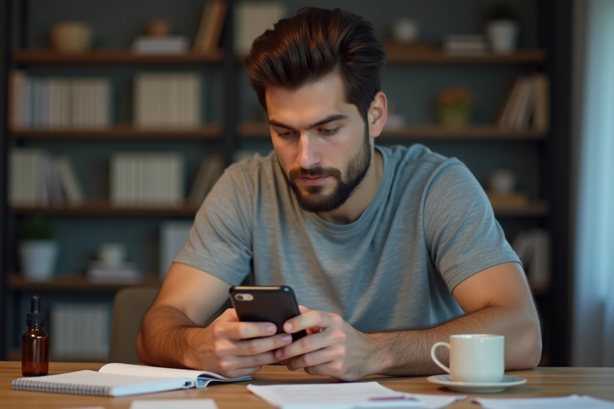 Homme consultant l'application Yuka sur smartphone pour analyser un produit Comme Avant, recherche avis cosmétique naturel