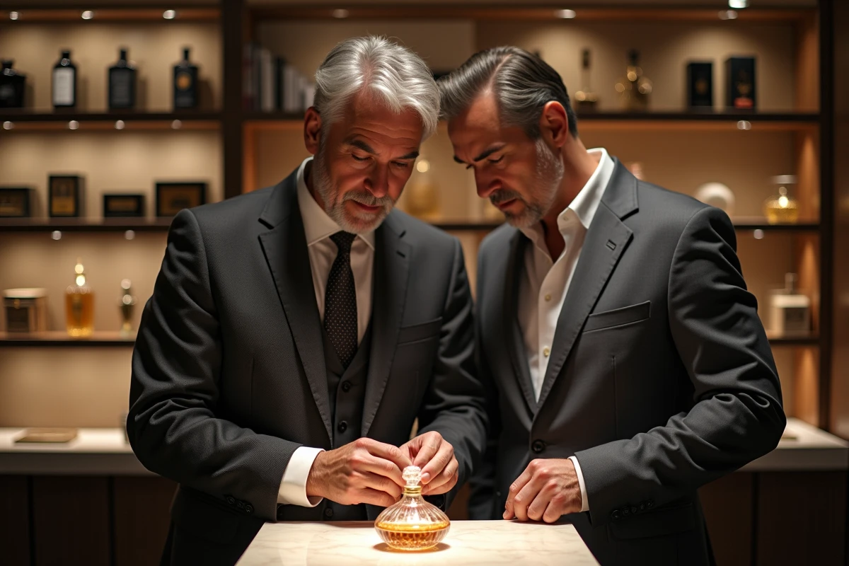 Homme mature examine flacon de parfum dans boutique moderne