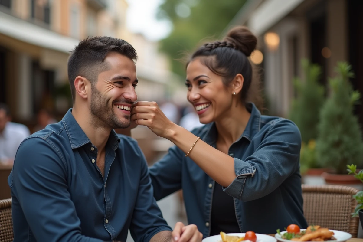 Homme riant avec ami en train de se faire coiffer