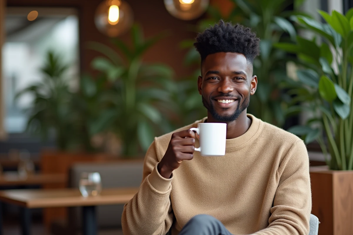 Homme noir souriant avec afro fade dans un café intérieur