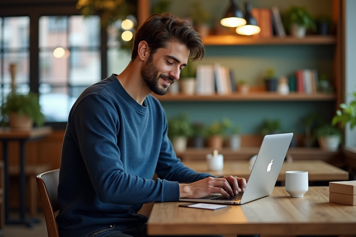 Homme au café comparant des avis sur un parfum sur son ordinateur