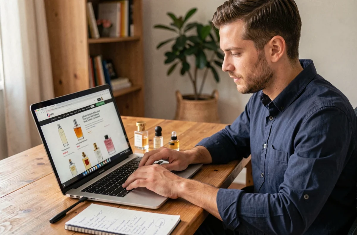 Homme comparant des parfums en ligne sur un site comme Parfum Primor