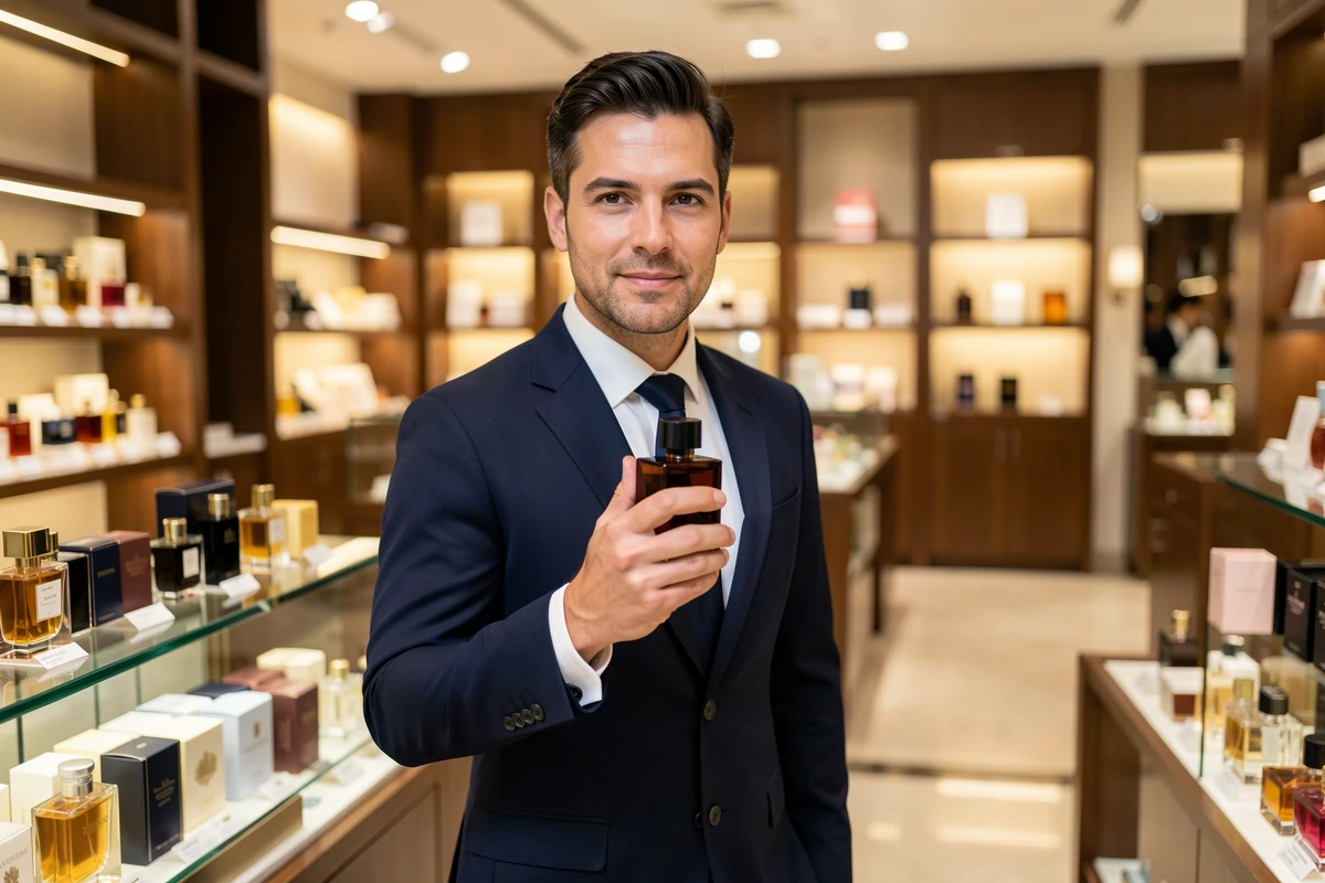 Homme en costume marine tenant un flacon de parfum Armani Code Profumo dans un grand magasin de luxe