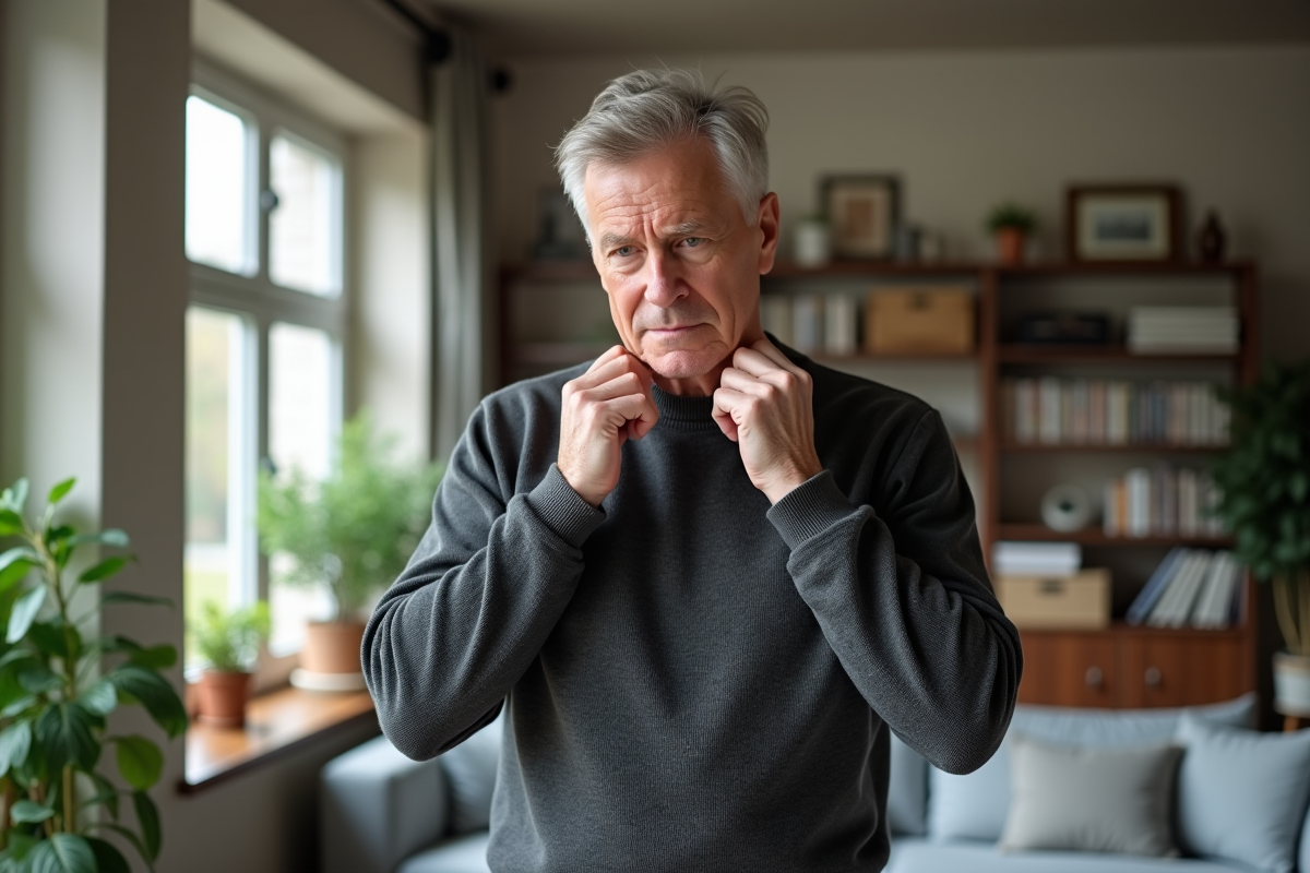 Homme se stretchant le visage dans un salon cosy