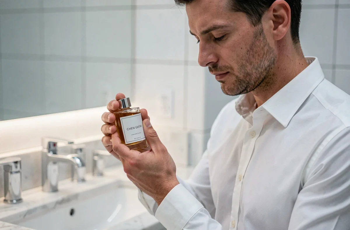 Homme examinant un flacon de parfum discount dans une salle de bain moderne et épurée
