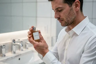 Homme examinant un flacon de parfum discount dans une salle de bain moderne et épurée
