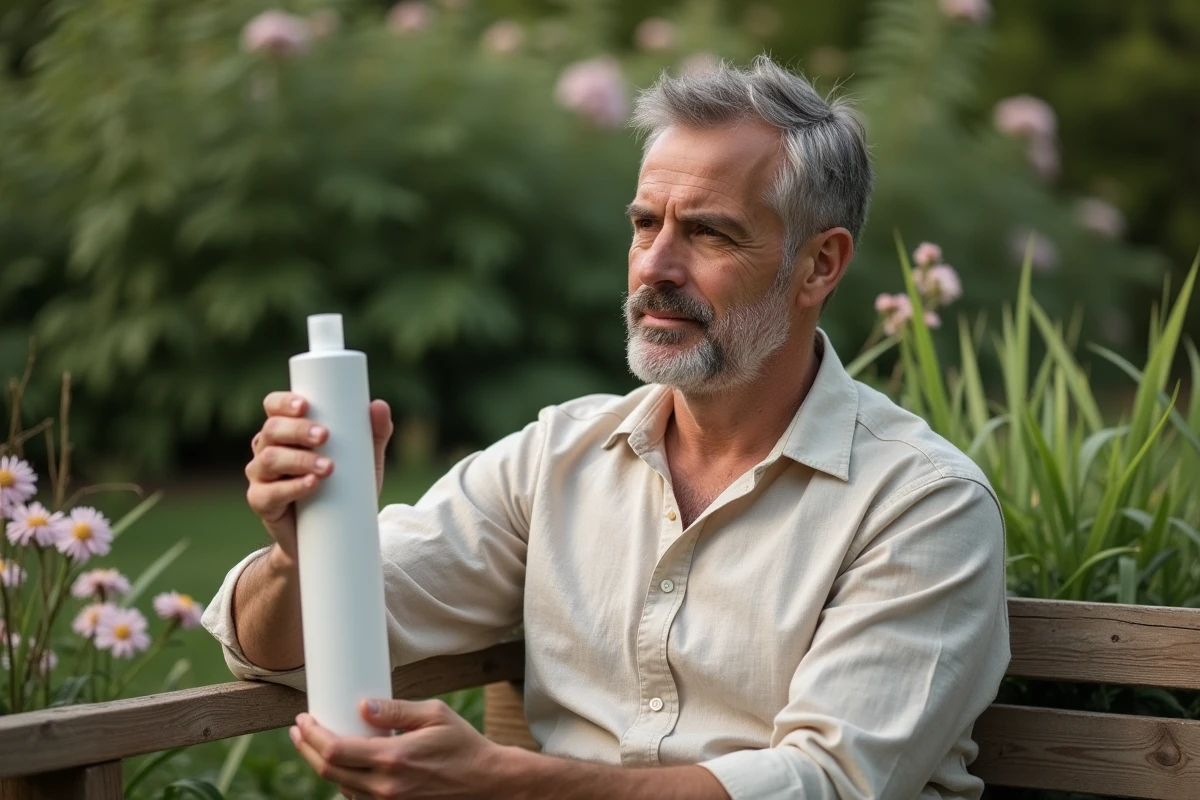 Homme méditant dans un jardin avec une bouteille de shampooing sans sulfate
