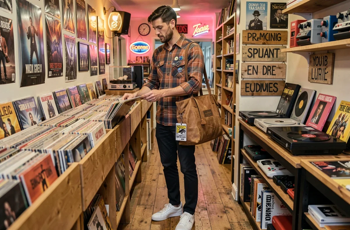 Homme au style geek chic explorant des vinyles dans une boutique indépendante remplie d'affiches de films et de consoles rétro