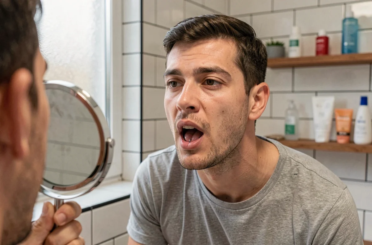 Homme inspecte son piercing langue en titane devant un miroir de salle de bain pour surveiller la santé dentaire