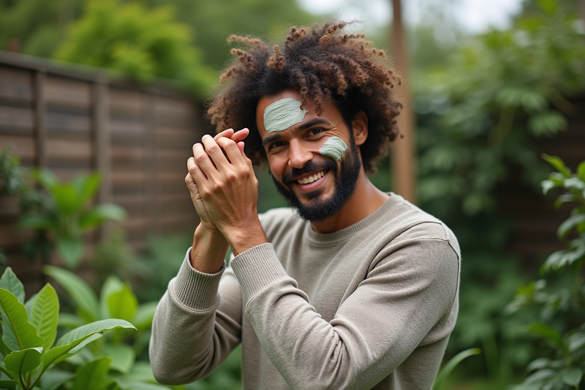 Homme appliquant un masque capillaire aux herbes dans un jardin verdoyant