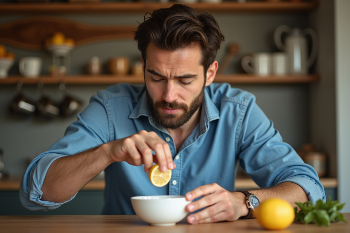 Homme mélangeant citron et bicarbonate dans la cuisine